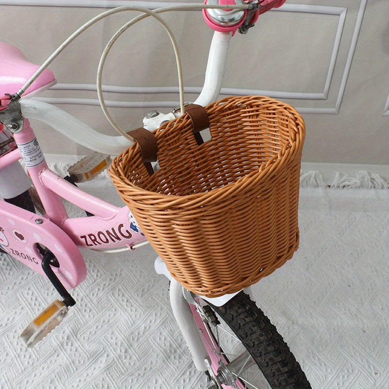 Kids Bike Front or Rear Carrier Basket in Pink Plastic Woven Design for Handlebars or Rack Storage Holder for School Trips Toys Snacks