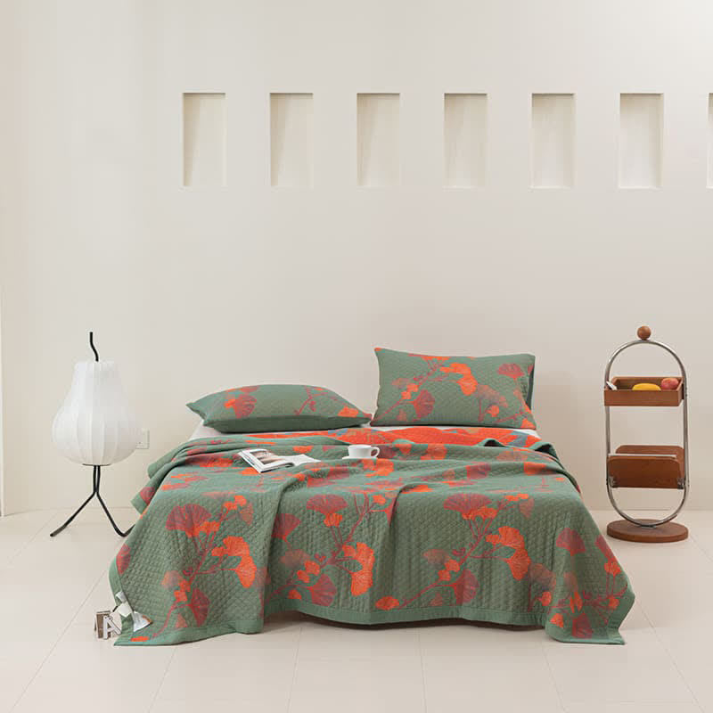 Reversible Cotton Quilt Ginkgo Leaf Design All-Season Bedspread Lightweight Throw Blanket for Bedroom Sofa Couch Travel Comfort