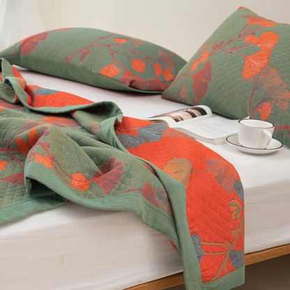 Reversible Cotton Quilt Ginkgo Leaf Design All-Season Bedspread Lightweight Throw Blanket for Bedroom Sofa Couch Travel Comfort