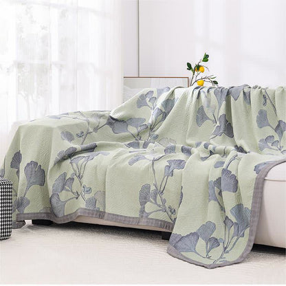 Reversible Cotton Gauze Quilt with Ginkgo Leaf Pattern – Lightweight Jacquard Bedspread for Summer & Air Conditioning – Eco-Friendly