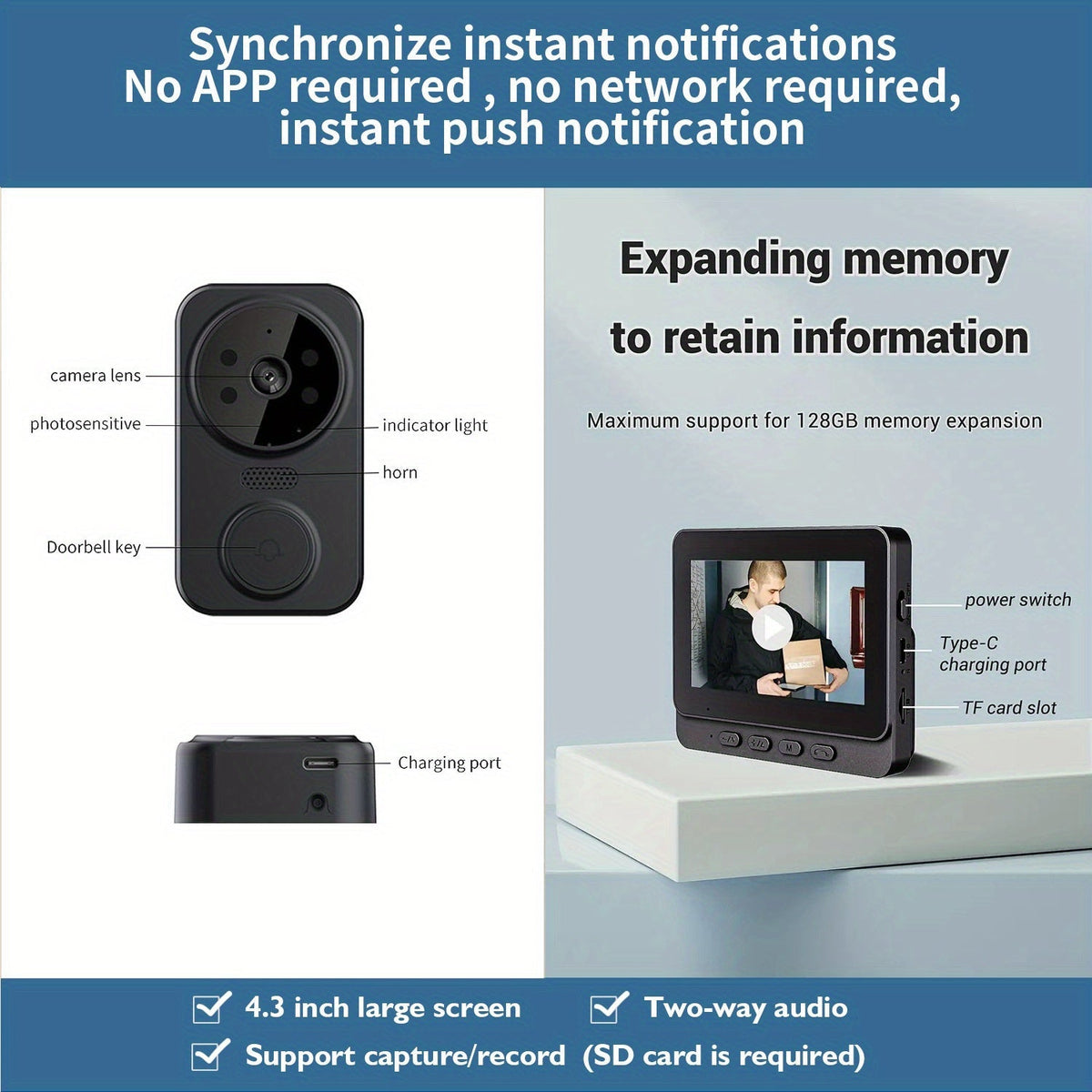 HD Camera Wireless Doorbell with 4.3 Inch Indoor Display