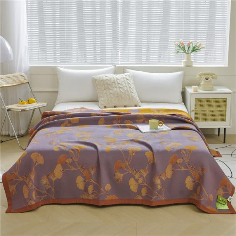 Reversible Cotton Throw Blanket with Ginkgo Leaf Pattern – Lightweight Summer Quilt for Bed, Sofa & Travel