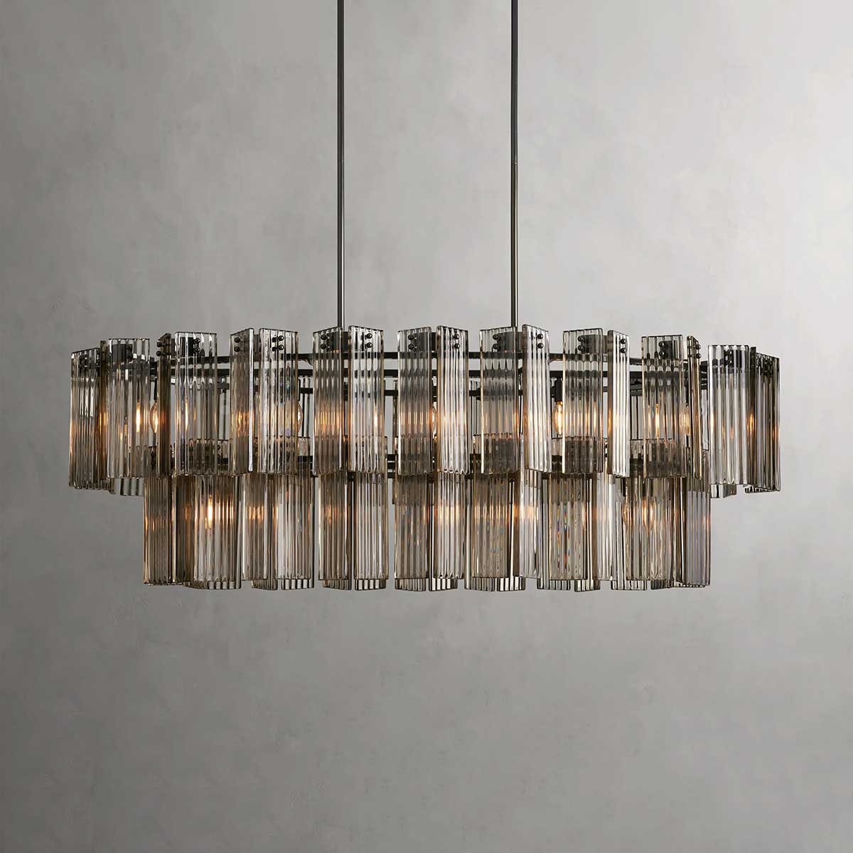 Oval Glass Panel Chandelier with Metal Frame 4-17 Lights Adjustable Height for Dining Room & Entryway