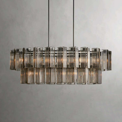 Oval Glass Panel Chandelier with Metal Frame 4-17 Lights Adjustable Height for Dining Room & Entryway