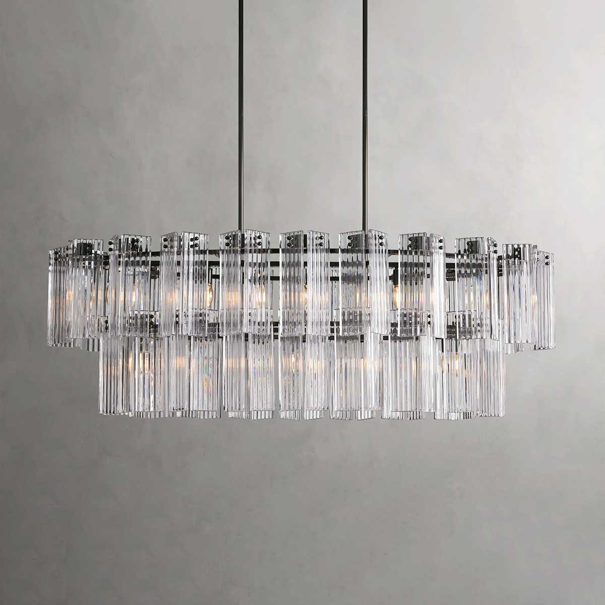 Oval Glass Panel Chandelier with Metal Frame 4-17 Lights Adjustable Height for Dining Room & Entryway