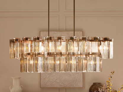 Oval Glass Panel Chandelier with Metal Frame 4-17 Lights Adjustable Height for Dining Room & Entryway