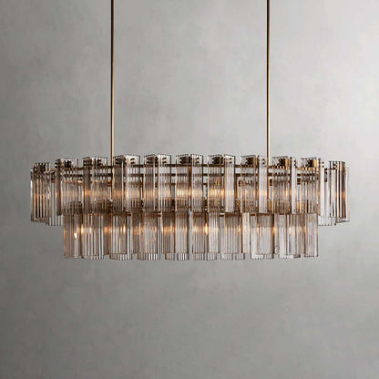 Oval Glass Panel Chandelier with Metal Frame 4-17 Lights Adjustable Height for Dining Room & Entryway