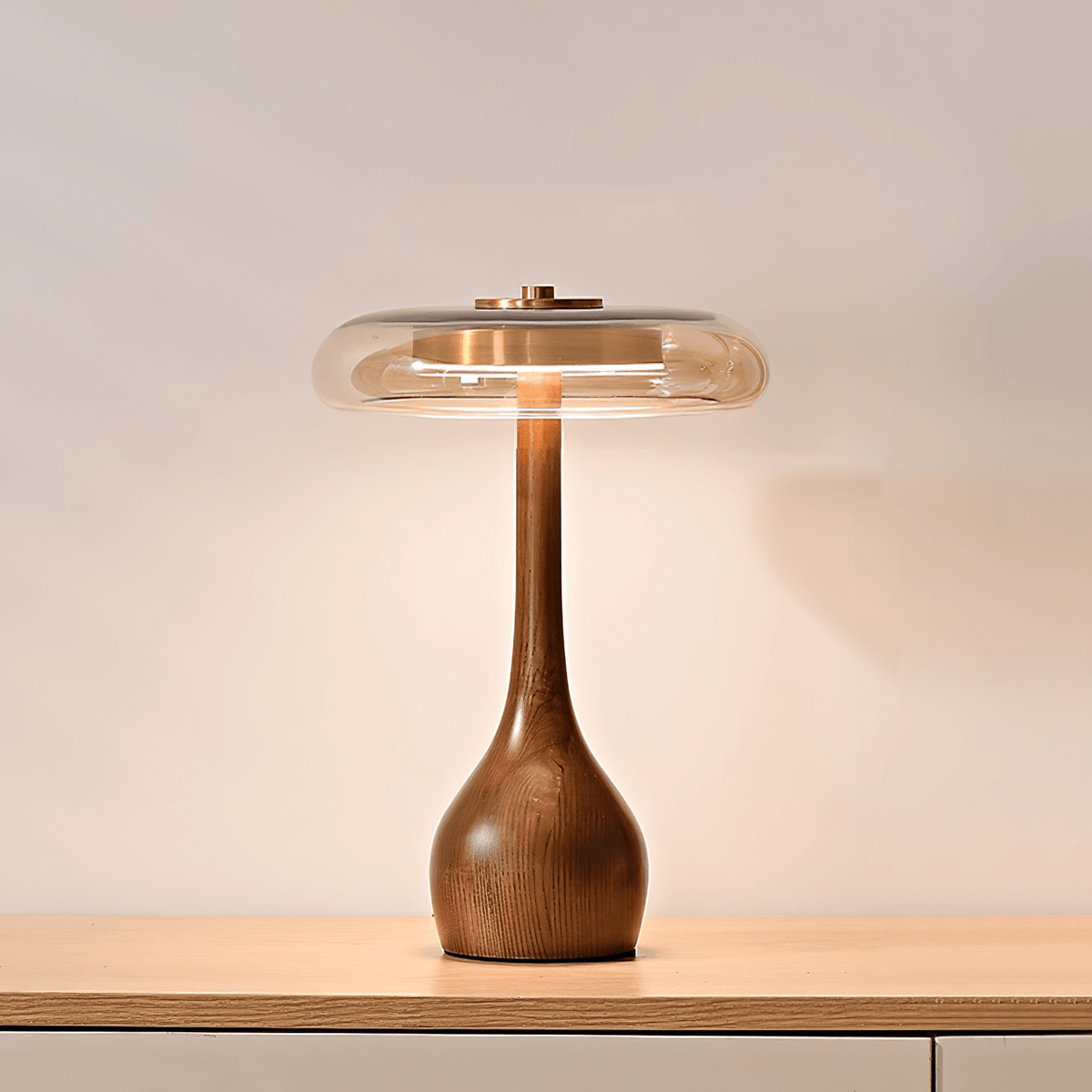 LED Desk Lamp with Amber Glass Shade & Natural Wood Base for Home Office, Bedroom & Nightstand | Adjustable Color Temperature 3000K-6000K