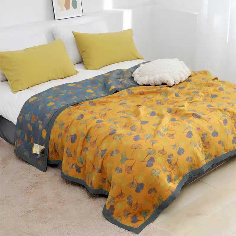 Reversible Cotton Quilt Ginkgo Leaf Botanical Print Bedspread Comforter Coverlet for Bedroom Decor Queen King Full Size Soft Breathable