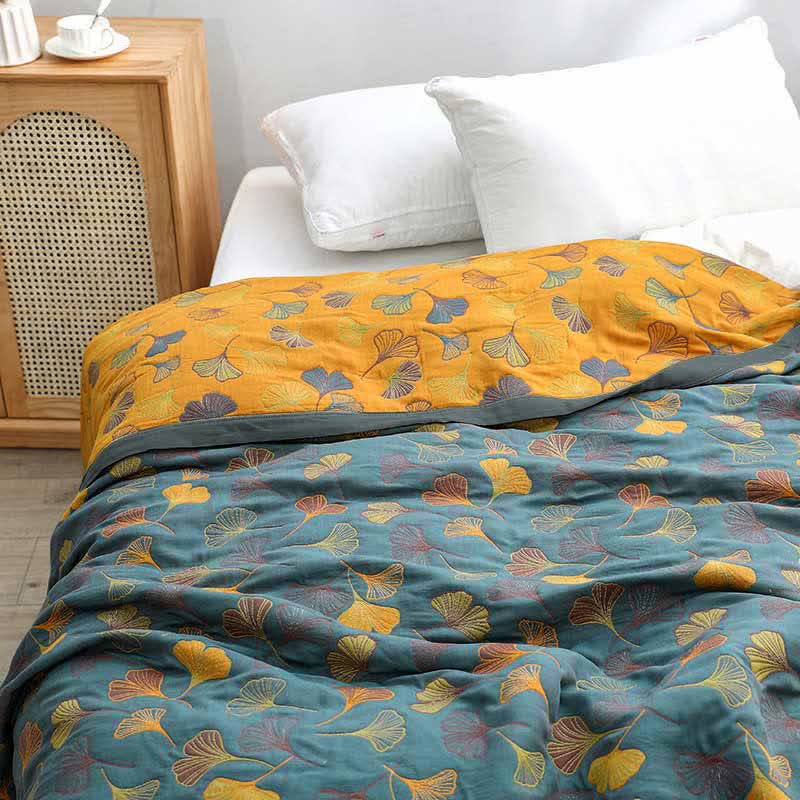 Reversible Cotton Quilt Ginkgo Leaf Botanical Print Bedspread Comforter Coverlet for Bedroom Decor Queen King Full Size Soft Breathable