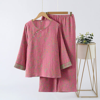 Women's Cotton Two-Piece Pajama Set with Floral Jacquard Pattern for Sleeping & Lounging