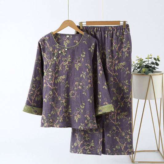 Conjunto de pijama de algodón de dos piezas para mujer con estampado jacquard floral para dormir y estar en casa