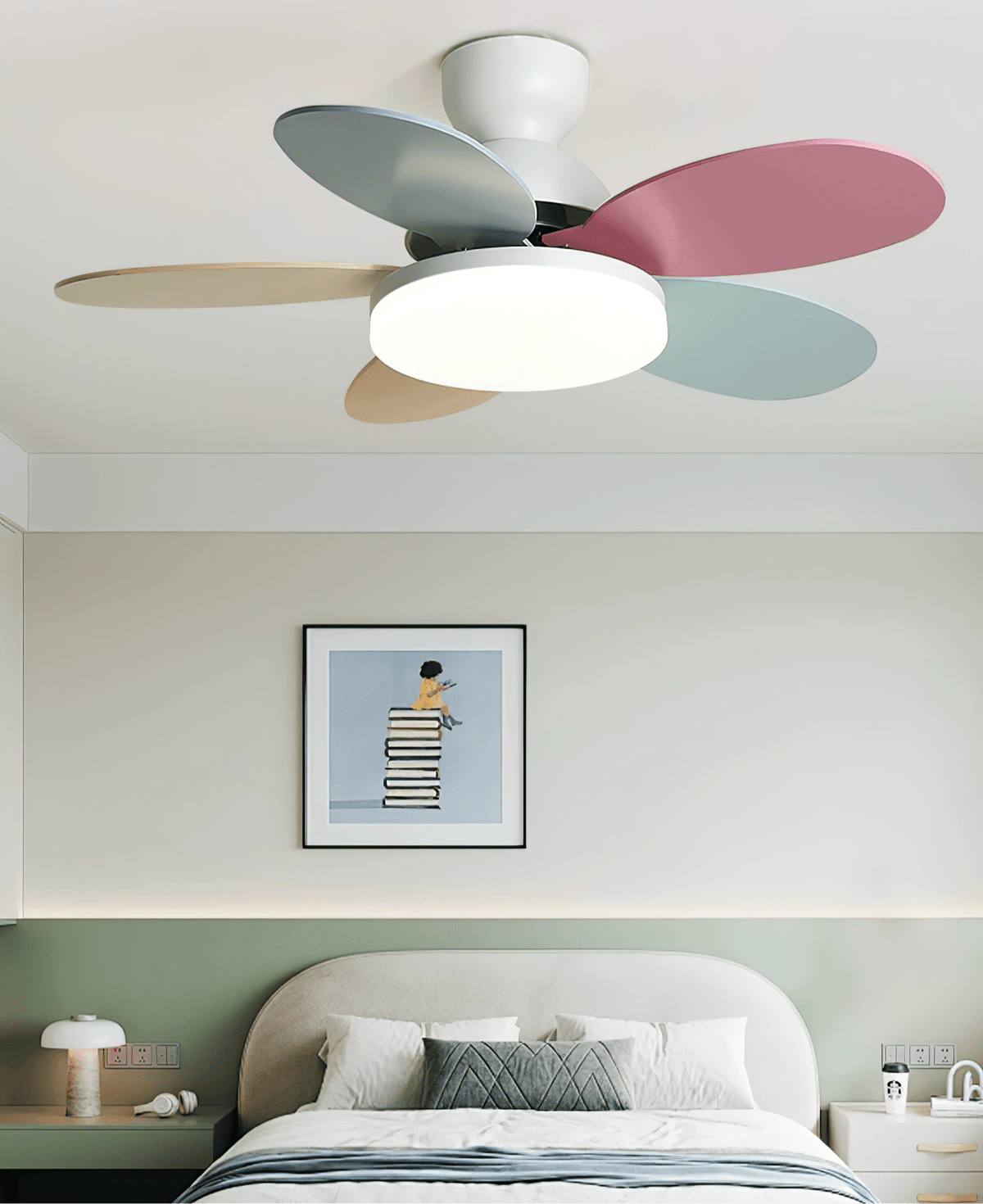 Indoor Ceiling Fan with LED Light 35 in Wood Blade Curved Design 6-Speed Remote Control DC Motor for Living Room Bedroom Dining Room Grey Gr