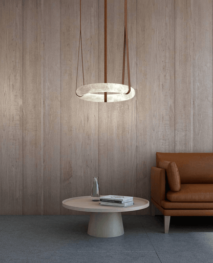 LED Ring Ceiling Fixture in Alabaster Stone – Adjustable Halo Chandelier for Open Dining Areas, Great Rooms & Hospitality – 47 in Circle Sus