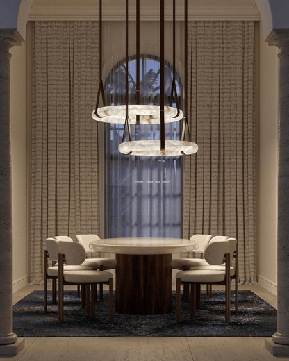 LED Ring Ceiling Fixture in Alabaster Stone – Adjustable Halo Chandelier for Open Dining Areas, Great Rooms & Hospitality – 47 in Circle Sus