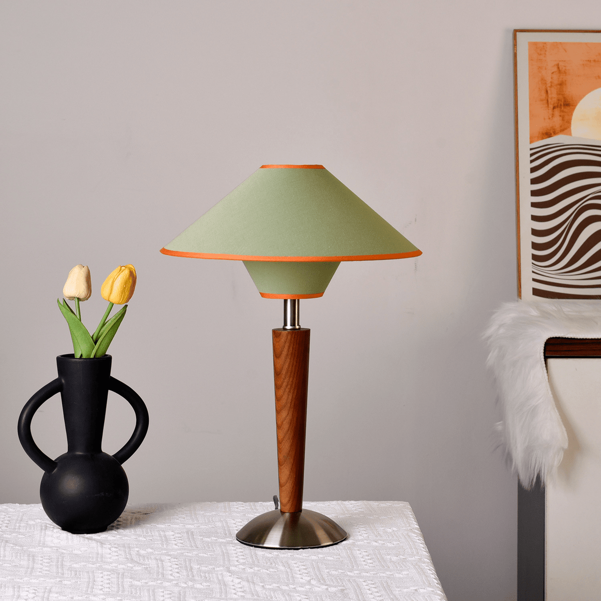 Fabric Shade Table Lamp 17 in for Nightstand & Side Table - Wood Base with E26 Socket for Bedroom Living Room Office Desk Reading Light Mini