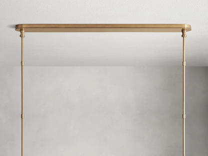 Linear Chandelier 6-10 Lights Antiqued Brass Leather Accent White Linen Shade Adjustable Height Dining Room Kitchen Island