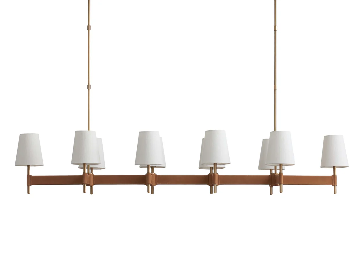 Linear Chandelier 6-10 Lights Antiqued Brass Leather Accent White Linen Shade Adjustable Height Dining Room Kitchen Island