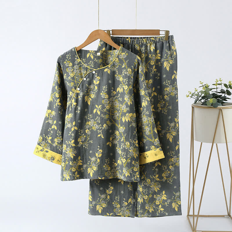 Women's Cotton Two-Piece Pajama Set with Floral Jacquard Pattern for Sleeping & Lounging