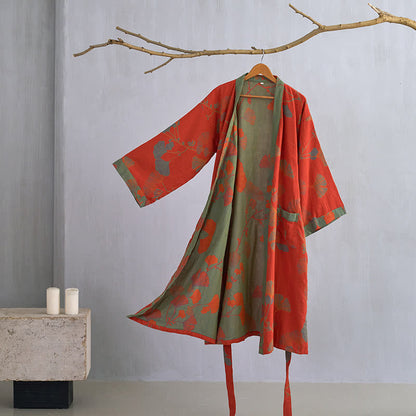 Women's Japanese-Style Cotton Gauze Robe with Oversized Botanical Print | Lightweight Kimono Wrap for Loungewear & Sleepwear