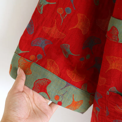 Lightweight Cotton Gauze Kimono Robe for Women & Men – Japanese Style Loungewear with Ginkgo Leaf Print & Adjustable Tie – Breathable