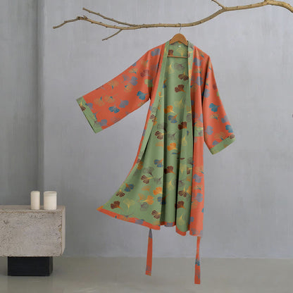 Cotton Gauze Kimono Robe Women Men Lightweight Bathrobe Ginkgo Leaf Pattern Unisex Loungewear Spa Wrap Housecoat Sleepwear Quick-Dry