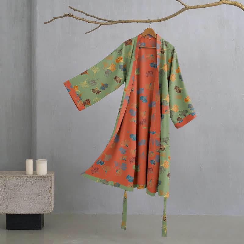 Cotton Gauze Kimono Robe Women Men Lightweight Bathrobe Ginkgo Leaf Pattern Unisex Loungewear Spa Wrap Housecoat Sleepwear Quick-Dry
