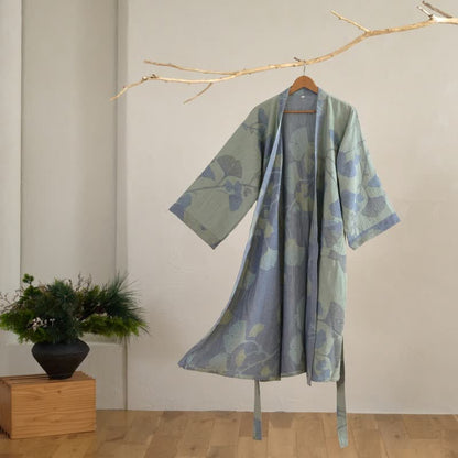 Reversible Cotton Kimono Robe with Ginkgo Leaf Print for Women - Lightweight Spa Bathrobe with Belt & Dual-Tone Design