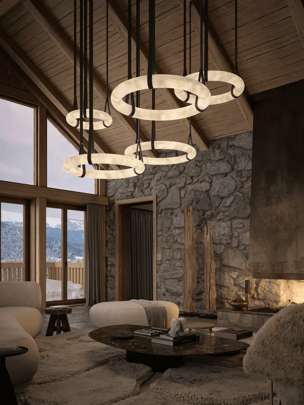 LED Ring Ceiling Fixture in Alabaster Stone – Adjustable Halo Chandelier for Open Dining Areas, Great Rooms & Hospitality – 47 in Circle Sus