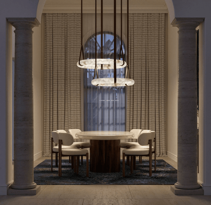 LED Ring Ceiling Fixture in Alabaster Stone – Adjustable Halo Chandelier for Open Dining Areas, Great Rooms & Hospitality – 47 in Circle Sus