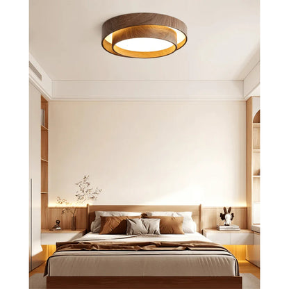Flush Mount LED Fixture Walnut Grain Finish for Bedroom Living Room Dining Area Low Profile Overhead Lighting Scandinavian Modern Contempora