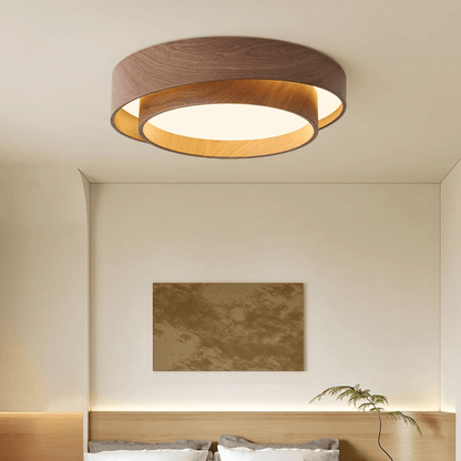 Flush Mount LED Fixture Walnut Grain Finish for Bedroom Living Room Dining Area Low Profile Overhead Lighting Scandinavian Modern Contempora