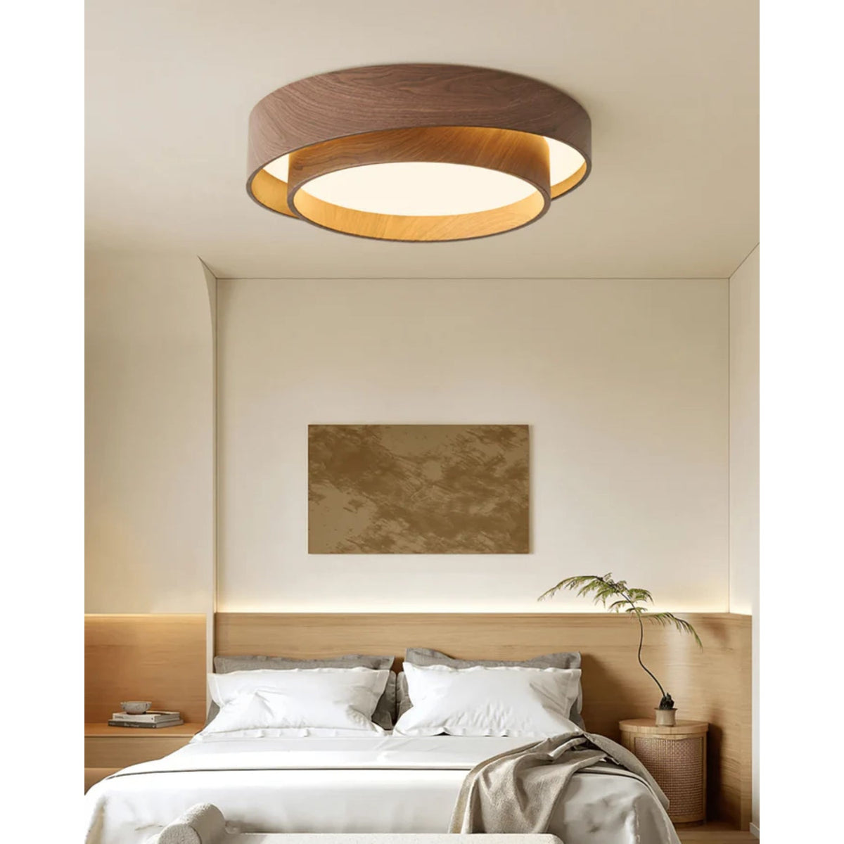 Flush Mount LED Fixture Walnut Grain Finish for Bedroom Living Room Dining Area Low Profile Overhead Lighting Scandinavian Modern Contempora
