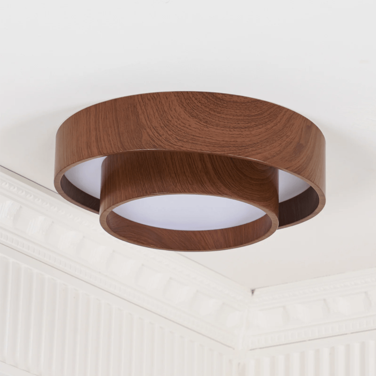 Flush Mount LED Fixture Walnut Grain Finish for Bedroom Living Room Dining Area Low Profile Overhead Lighting Scandinavian Modern Contempora