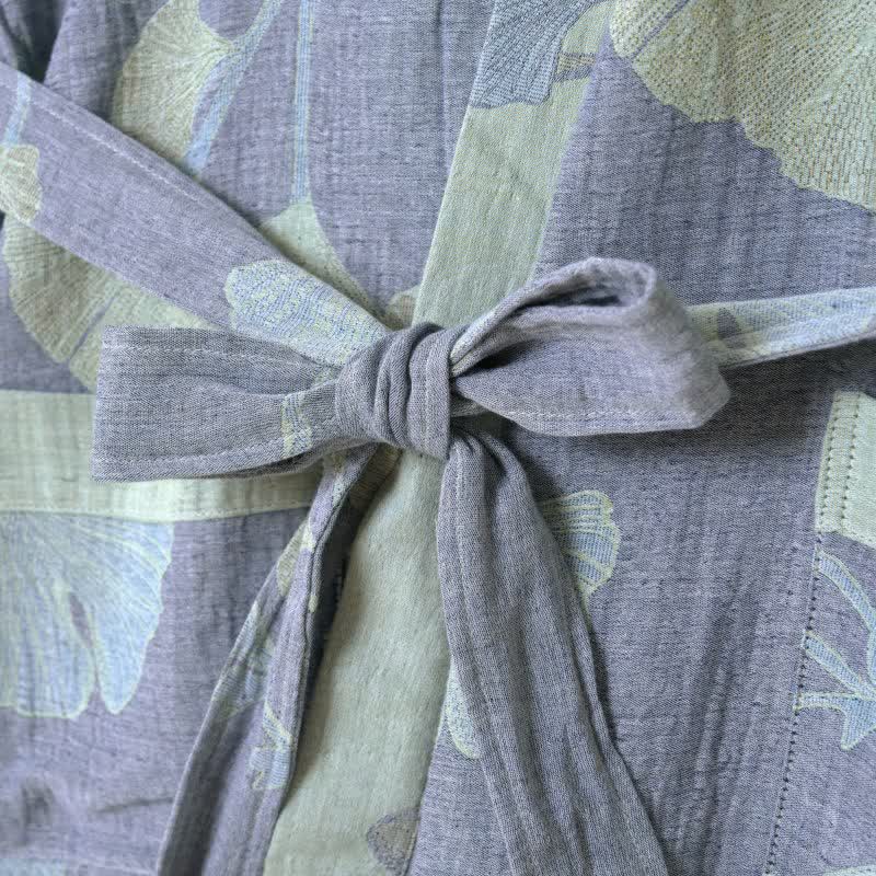 Reversible Cotton Kimono Robe with Ginkgo Leaf Print for Women - Lightweight Spa Bathrobe with Belt & Dual-Tone Design