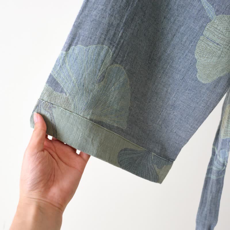 Reversible Cotton Kimono Robe with Ginkgo Leaf Print for Women - Lightweight Spa Bathrobe with Belt & Dual-Tone Design
