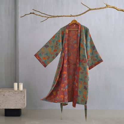 Cotton Gauze Kimono Robe Women Men Lightweight Bathrobe Ginkgo Leaf Pattern Unisex Loungewear Spa Wrap Housecoat Sleepwear Quick-Dry