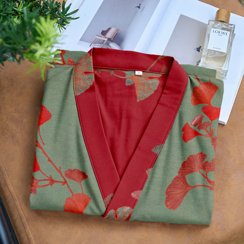 Reversible Cotton Kimono Robe with Ginkgo Leaf Print for Women - Lightweight Spa Bathrobe with Belt & Dual-Tone Design