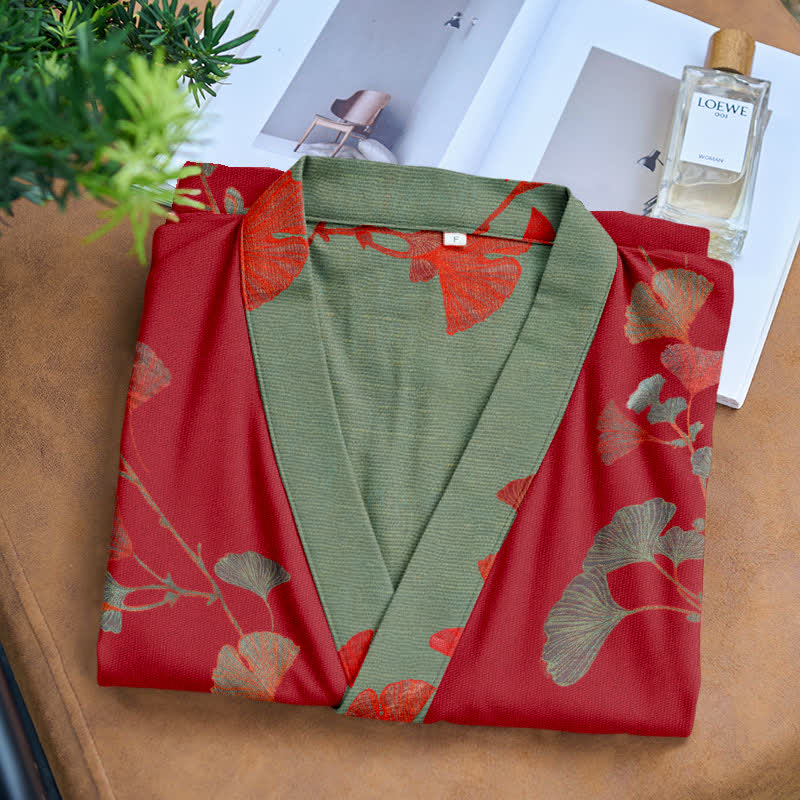 Reversible Cotton Kimono Robe with Ginkgo Leaf Print for Women - Lightweight Spa Bathrobe with Belt & Dual-Tone Design