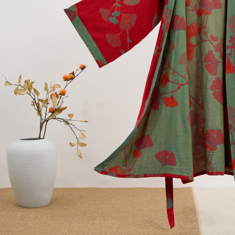 Reversible Cotton Kimono Robe with Ginkgo Leaf Print for Women - Lightweight Spa Bathrobe with Belt & Dual-Tone Design