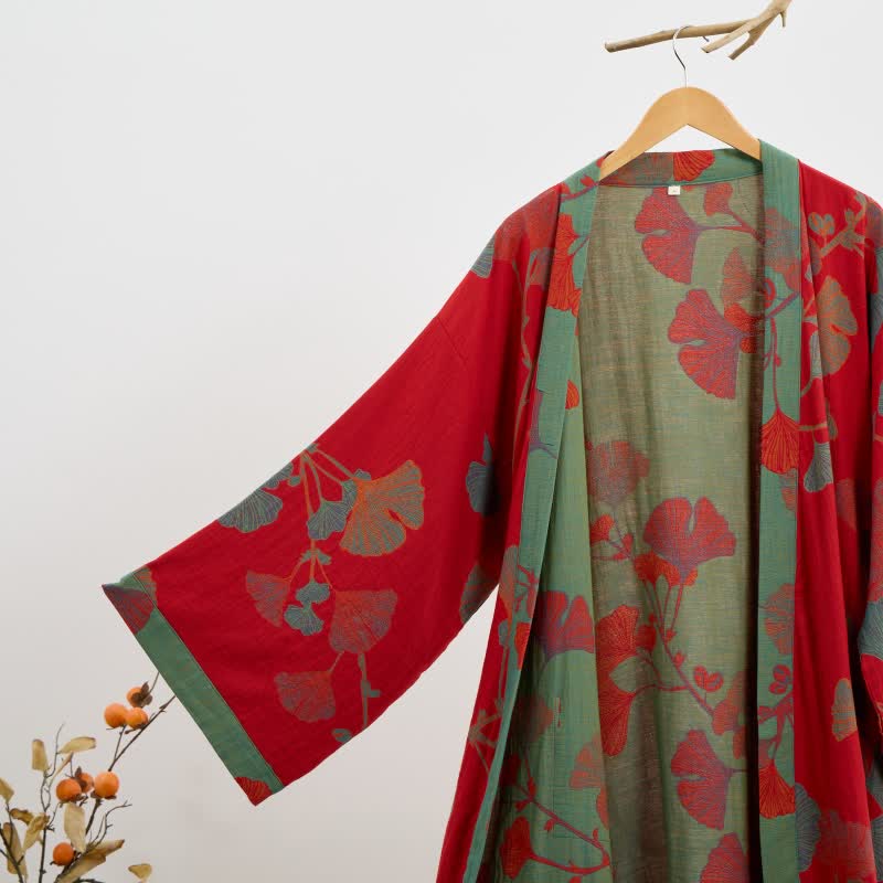 Reversible Cotton Kimono Robe with Ginkgo Leaf Print for Women - Lightweight Spa Bathrobe with Belt & Dual-Tone Design