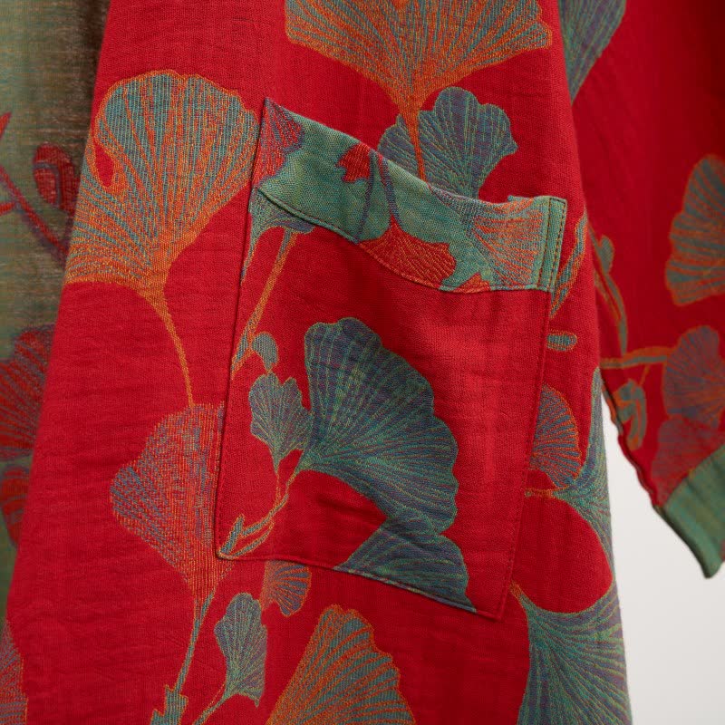Reversible Cotton Kimono Robe with Ginkgo Leaf Print for Women - Lightweight Spa Bathrobe with Belt & Dual-Tone Design