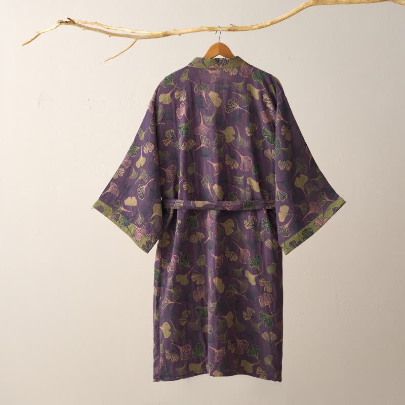Cotton Gauze Kimono Robe Women Men Lightweight Bathrobe Ginkgo Leaf Pattern Unisex Loungewear Spa Wrap Housecoat Sleepwear Quick-Dry