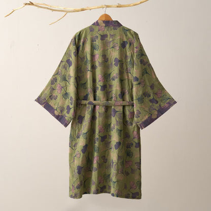 Cotton Gauze Kimono Robe Women Men Lightweight Bathrobe Ginkgo Leaf Pattern Unisex Loungewear Spa Wrap Housecoat Sleepwear Quick-Dry