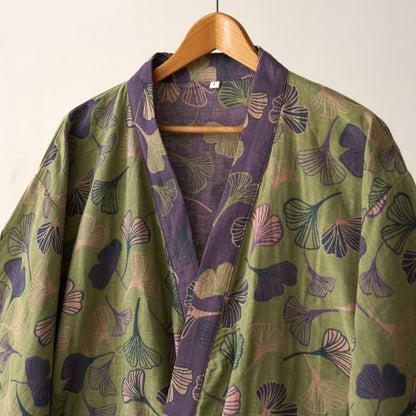 Cotton Gauze Kimono Robe Women Men Lightweight Bathrobe Ginkgo Leaf Pattern Unisex Loungewear Spa Wrap Housecoat Sleepwear Quick-Dry