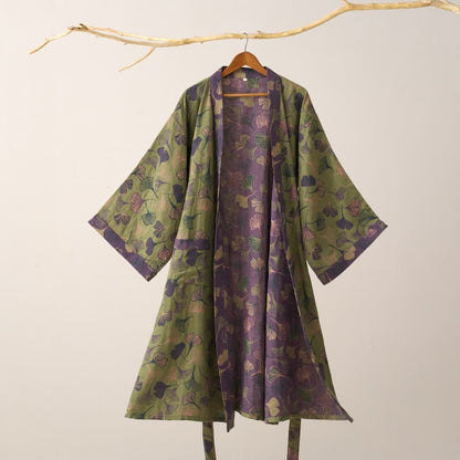Cotton Gauze Kimono Robe Women Men Lightweight Bathrobe Ginkgo Leaf Pattern Unisex Loungewear Spa Wrap Housecoat Sleepwear Quick-Dry