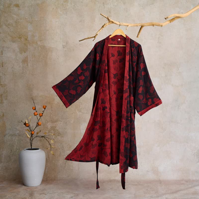 Cotton Gauze Kimono Robe Women Men Lightweight Bathrobe Ginkgo Leaf Pattern Unisex Loungewear Spa Wrap Housecoat Sleepwear Quick-Dry