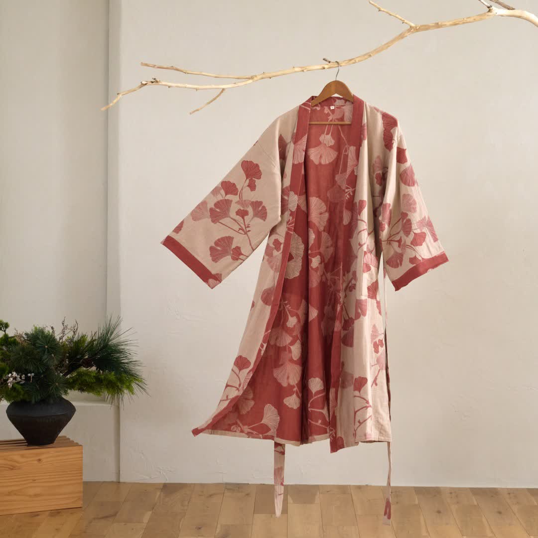 Women's Japanese-Style Cotton Gauze Robe with Oversized Botanical Print | Lightweight Kimono Wrap for Loungewear & Sleepwear