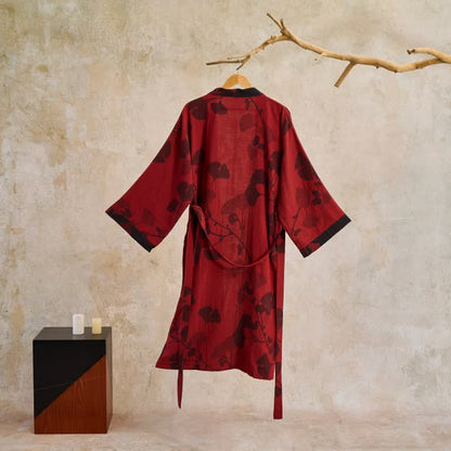 Women's Japanese-Style Cotton Gauze Robe with Oversized Botanical Print | Lightweight Kimono Wrap for Loungewear & Sleepwear