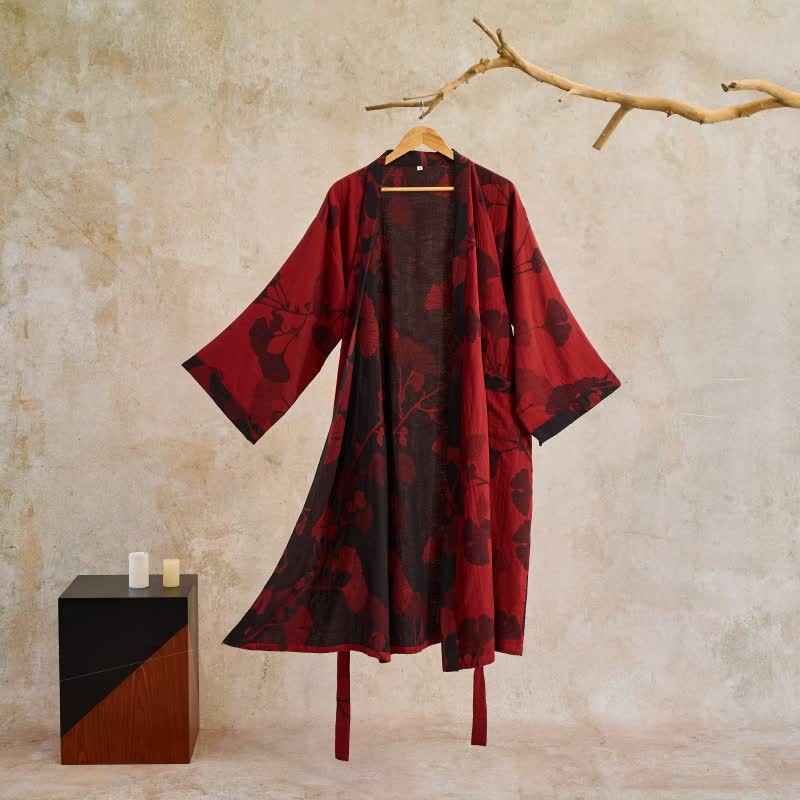 Women's Japanese-Style Cotton Gauze Robe with Oversized Botanical Print | Lightweight Kimono Wrap for Loungewear & Sleepwear